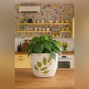 Handcrafted Ceramic Barrel Planter with Branch Motif - 6" White and Green Indoor